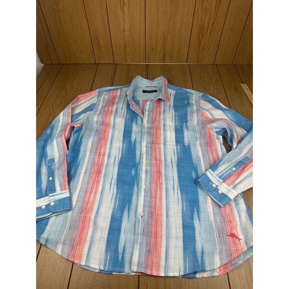 Tommy Bahama Shirt Mens‎ XL Pink White Blue Linen Blend Beach Travel